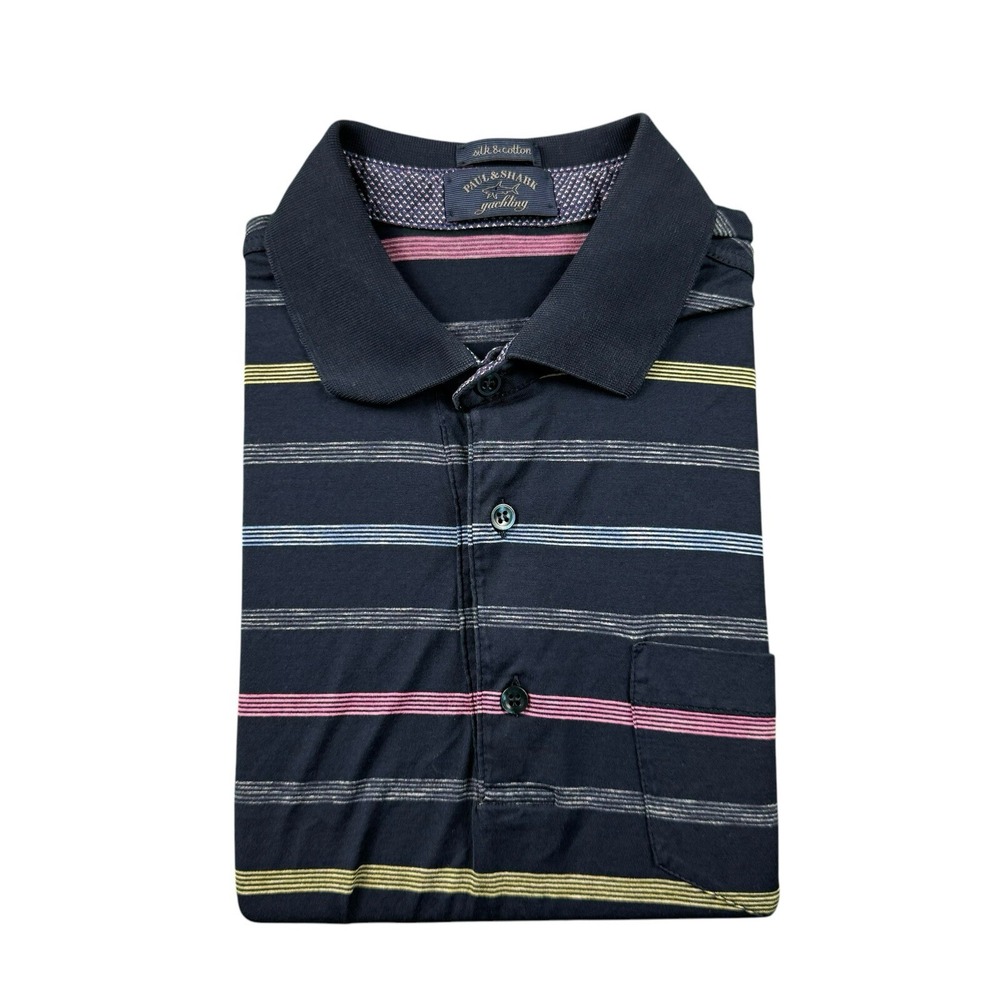 Paul & Shark Blue Pink Yellow Striped Cotton Silk Current Polo Shirt XL Fits L